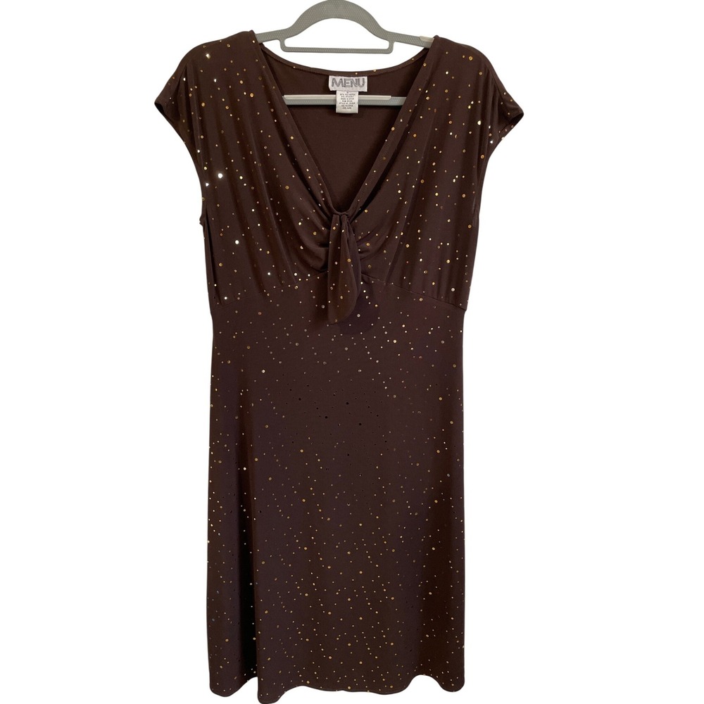 Vintage Size 10 Brown Gold Metallic Polka Dot V-Neck Dress Slinky Y2K Whimsygoth